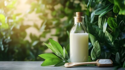 Eco-Friendly Laundry Detergent in Glass Bottle and Wooden Scoop Surrounded by Fresh Greenery