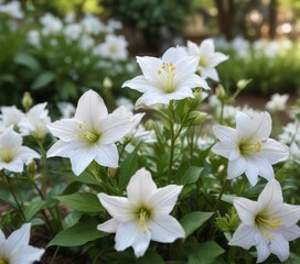 Fototapeta premium White platycodon grandiflorus in a summer garden with selective focus, outdoor decoration, landscaping, focus on blooms, soft background