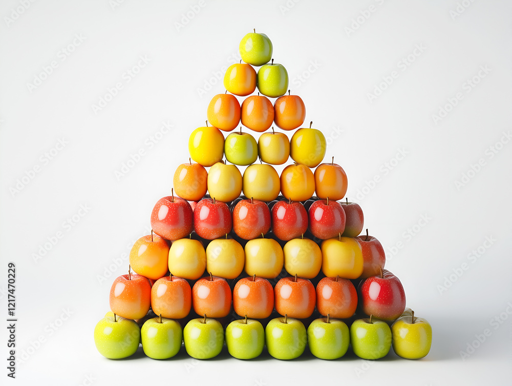 Poster pyramid of colorful apples arranged in a gradient from green to red against a light background showc