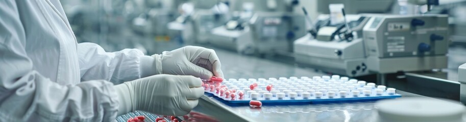 A scientist in a lab handles pharmaceutical capsules with precision equipment and wears protective gear like gloves and a white coat. The work involves research, development, and quality control