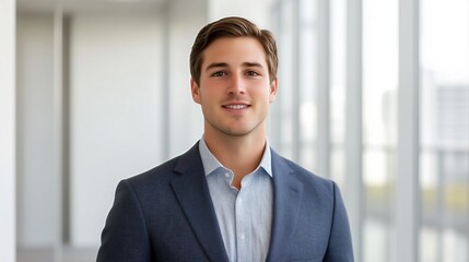 Confident Handsome Businessman in Suit Smiling in Corporate Office