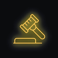 Yellow neon light is outlining a gavel hitting sound block on black background, concept of justice and law