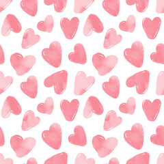 Pink watercolor hearts seamless repeating vector template. Artistic watercolor spots textured doodle heart shape. Hand brush drawn cute doodle, endless chaotic background, template. 