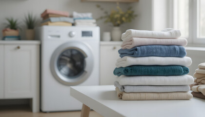 white table was adorned with neatly folded stacks of laundry, while a washing machine stood in room