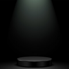 Black podium for product presentation illuminated by spotlight on dark background