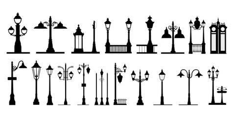 A set of street lamps isolated on white background. Cut out 