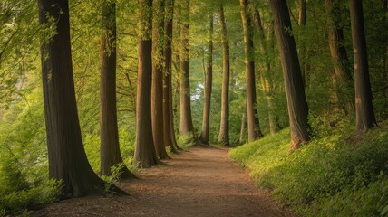 Fototapeta premium Serene pathway through a lush green forest, showcasing tall trees and soft sunlight filtering through the leaves.
