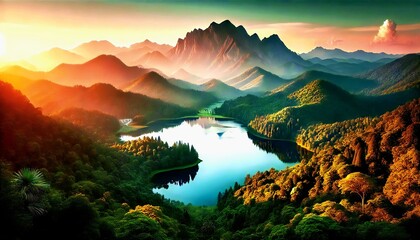 Image of a beautiful nature scene with mountains, lakes, and a brightly colored sky at dusk