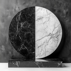 Black and white marble podium for product presentation with geometric contrast