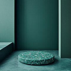 Green terrazzo podium for product presentation with geometric interior design