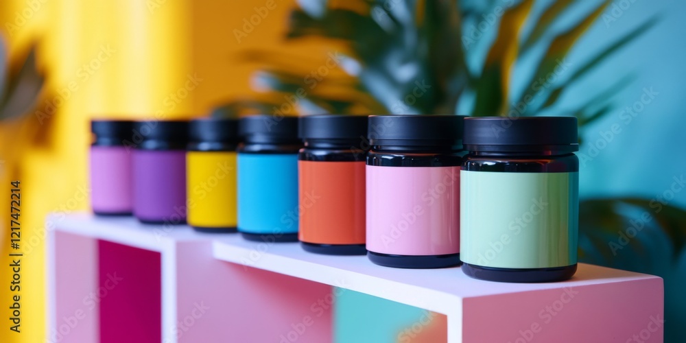 Poster colorful jars lined on a shelf showcase a modern design. each jar has a unique hue enhancing any dec