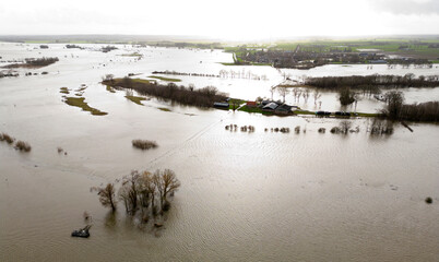 Aerial view of the elevated water levels in the Ijssel river near the village of Zwolle, The Netherlands