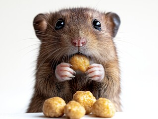 A cute rodent holding a snack with food scattered in front.