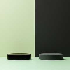 Minimalist black and green podiums for product presentation with split background