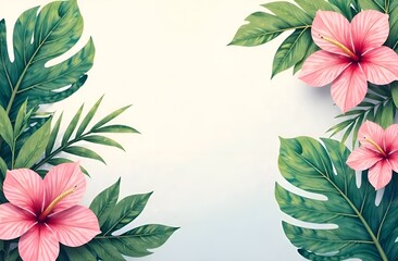 Tropical background with pink flowers, leaves and free place in tor middle for text. 
