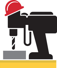 Drill Machine with Safety Helmet Icon - Silhouette of a Drill Machine Featuring a Red Safety Helmet Symbolizing Construction Safety Standards