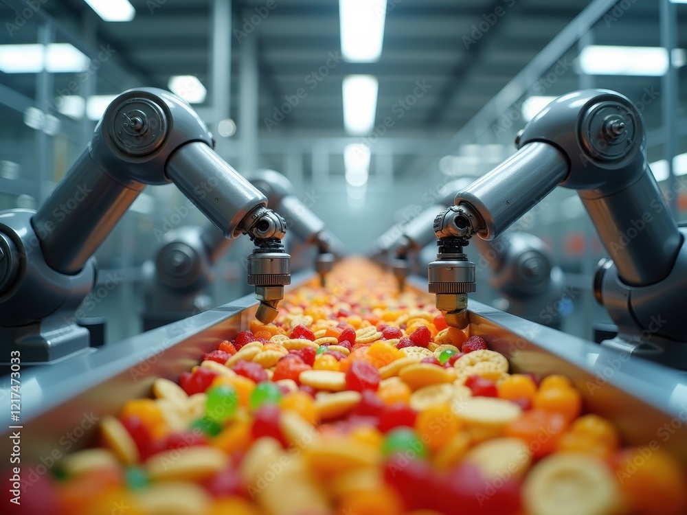 Poster robotic arms sorting snacks on a conveyor belt in a factory setting during the day
