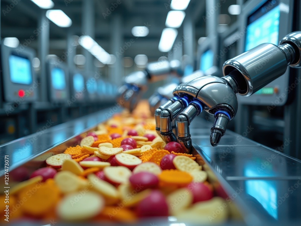 Aufkleber robotic arm efficiently sorts a variety of snacks on a production line in a modern factory setting