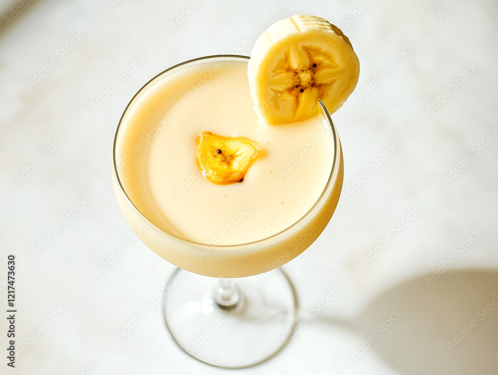 Poster a refreshing banana smoothie in a cocktail glass with a banana slice garnish inviting you to sip and