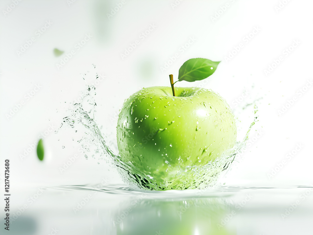 Poster a fresh green apple with a single leaf splashing into a clear liquid creating a dynamic and vibrant 