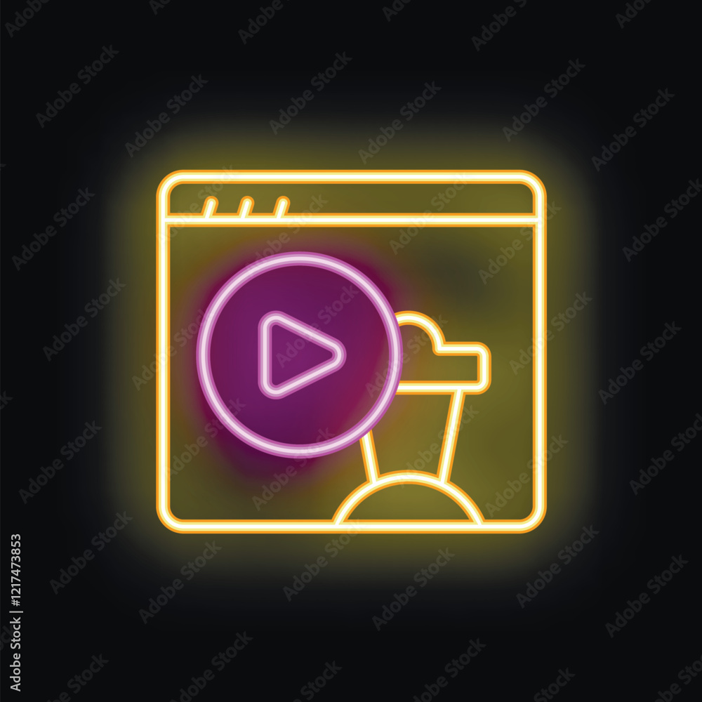 Poster neon glowing sign representing a website displaying a play button and a shopping cart, symbolizing o