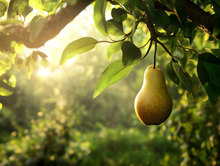 Ripe pear on a branch at sunset, bathed in golden sunlight, surrounded by lush green leaves