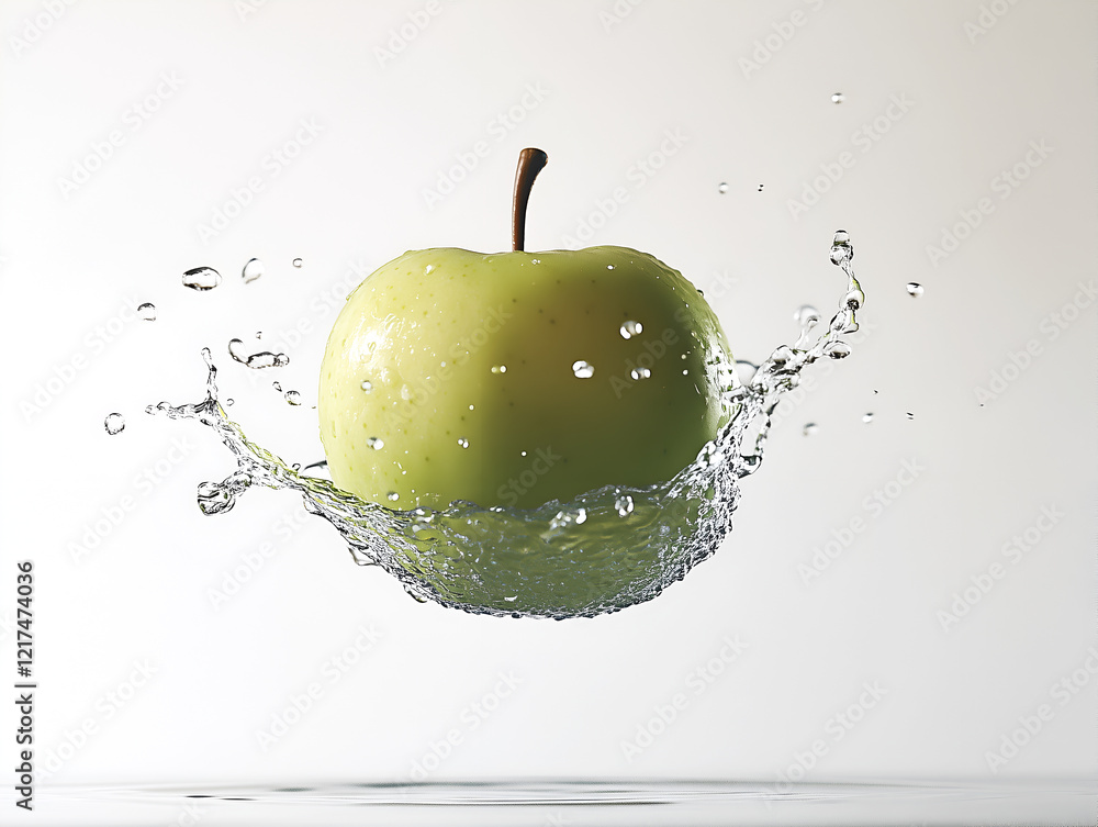 Poster green apple splashing into water creating a dynamic and refreshing image for a healthy and natural p