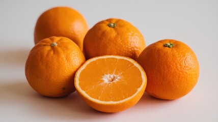 Fresh oranges arranged artistically, showcasing one sliced in half to reveal its juicy interior, vibrant color, and texture.