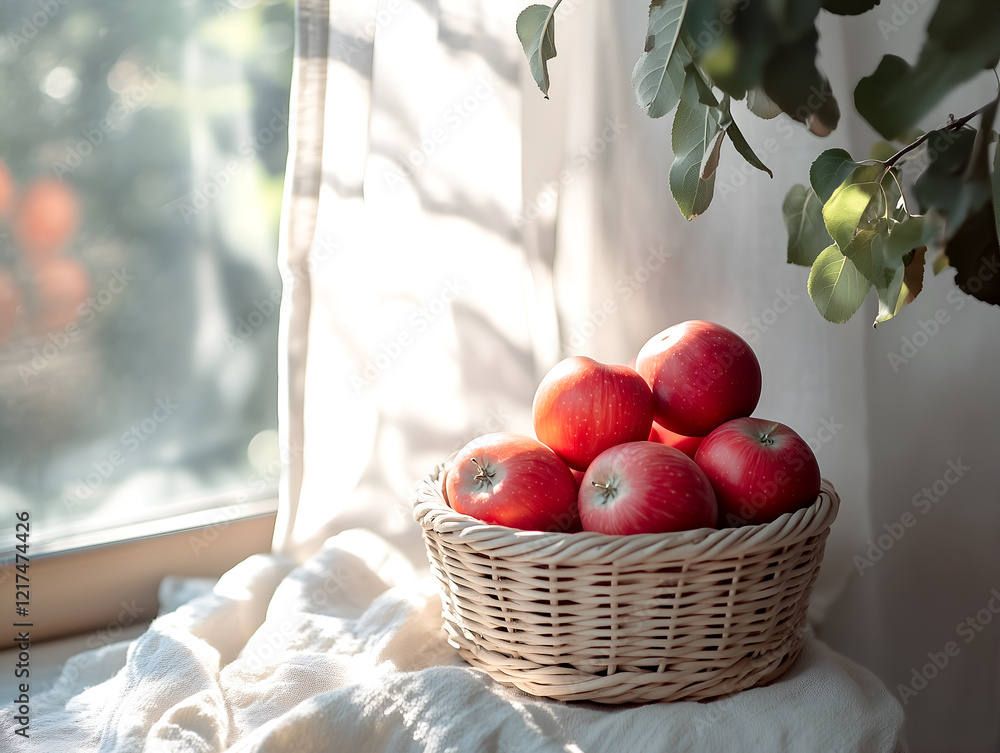 Poster red apples in a wicker basket by a sunlit window with sheer curtains and eucalyptus leaves adding a 