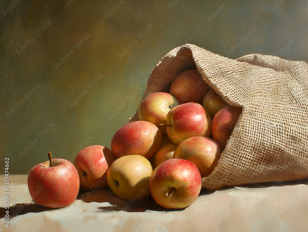 Poster still life photograph of a burlap sack overflowing with a bounty of red and yellow apples against a 
