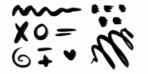 Hand drawn abstract doodles and squiggles, doodle style graffiti elements- circle, cross, spring and heart. Bold brush-painted elements. Symbols for collages and templates.