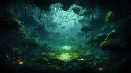 Enchanted Forest Pathway with Glowing Technology
