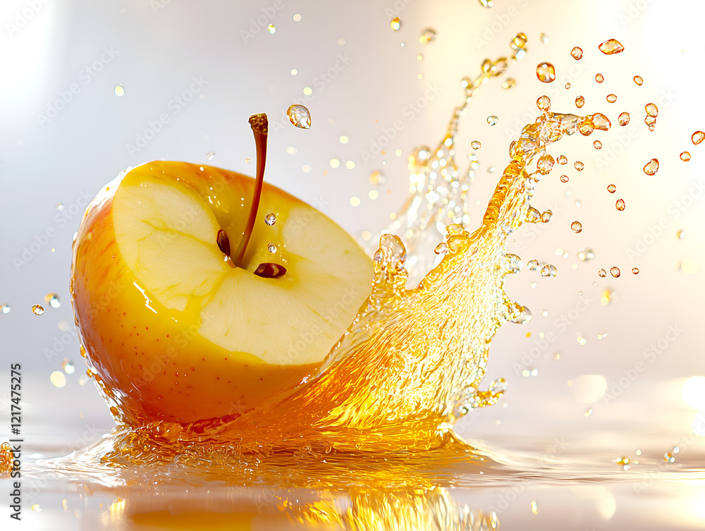 Poster a fresh red apple splashing in a pool of juice creating a dynamic and colorful image perfect for a h