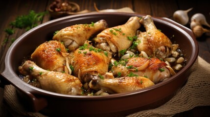 Garlic herb roasted chicken drumsticks in brown ceramic dish National Curried Chicken Day