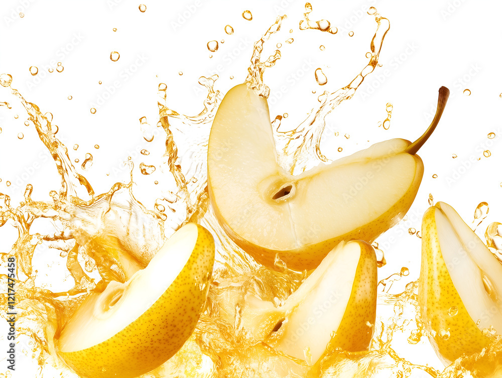 Poster fresh pear slices splashing in a vibrant juice burst against a clear background, a refreshing image 