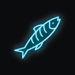 Blue neon sign shaped like a fish swimming upwards on a black background