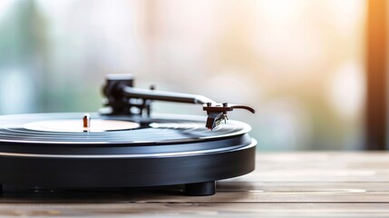 Obraz premium vintage turntable with vinyl record playing in natural light