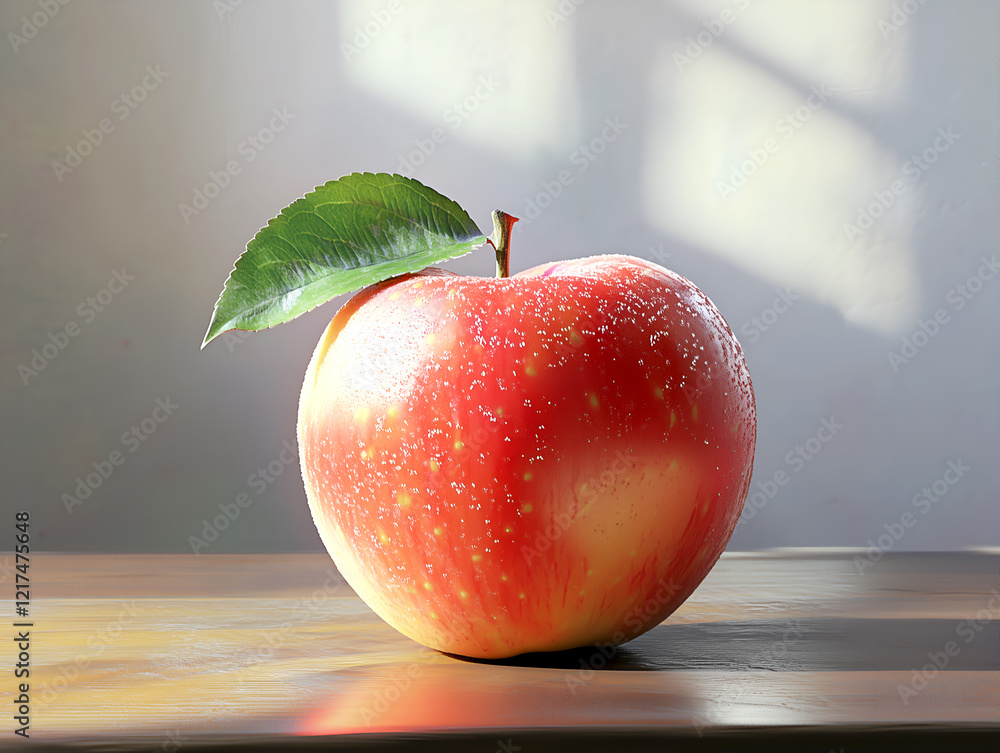 Poster a single red apple with a green leaf on a rustic wooden table under natural sunlight for a clean and
