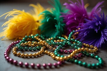 Colorful Mardi Gras beads and feathers in vibrant colors for festive celebrations