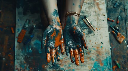 Paint-covered hands, studio floor, art supplies, creative process