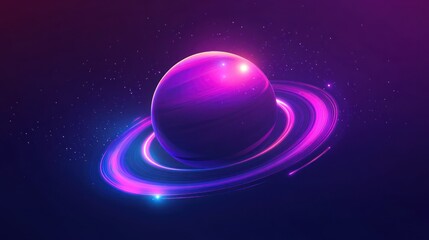 Glowing purple planet with neon rings in space.