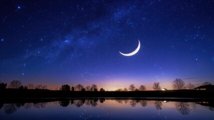 Naklejka premium A serene night sky with a crescent moon and shimmering stars reflecting on a calm lake. The scene captures tranquility and wonder in nature.