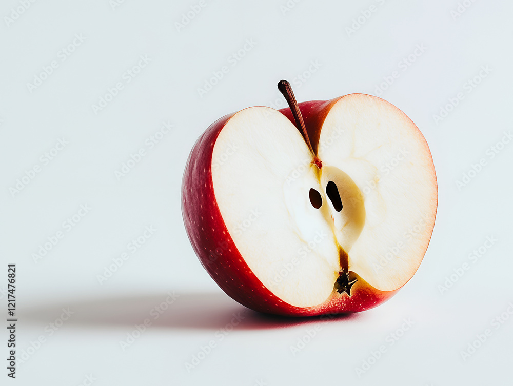 Aufkleber half red apple sliced open with a single seed visible inside and a light grey background. it creates