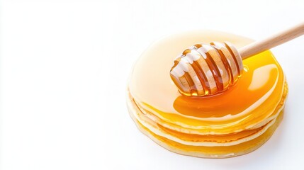 Pouring honey onto delicious pancakes on white background