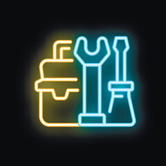 Neon icon of a toolbox and tools glowing brightly