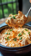 Creamy cheesy chicken bake with herbs in a black dish