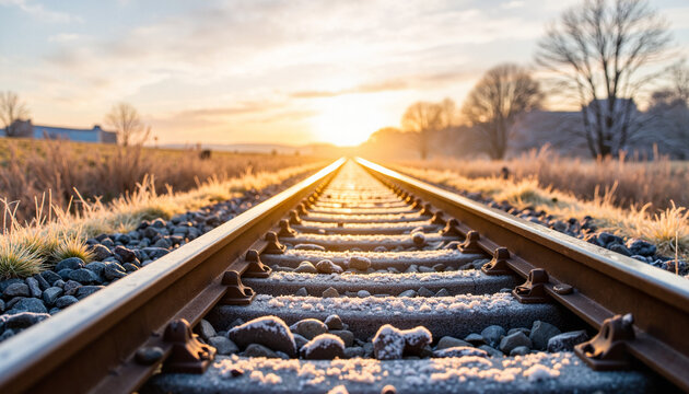 Morning frost on an old railway track under sunrise, winter beauty
