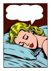 Retro pop art frame: blonde woman sleeping peacefully on bed with empty speech bubble suggesting talking while dreaming. Classic bold comic book style with vibrant colors.
