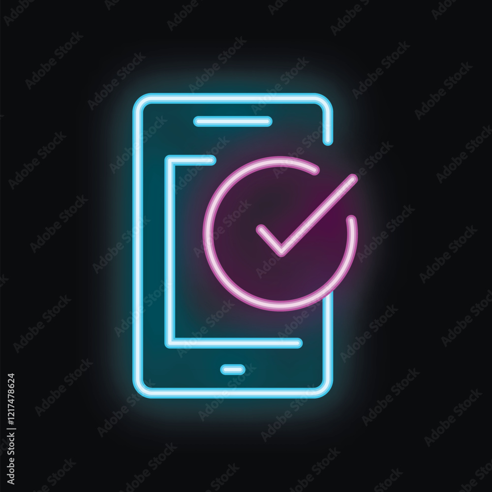Poster neon glowing icon of a smartphone with a validation symbol on its screen