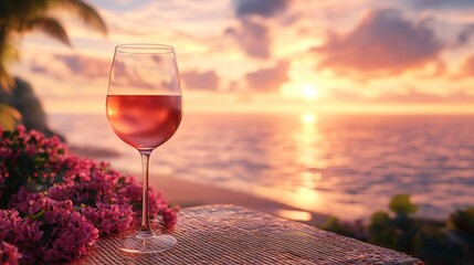 A glass of rose wine on a patio table at the sunset